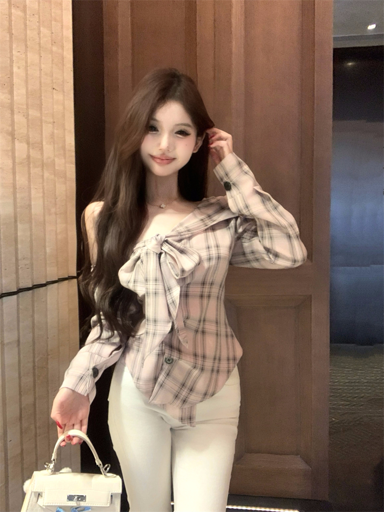 Enticement elastic retro tops bow plaid shirt for women