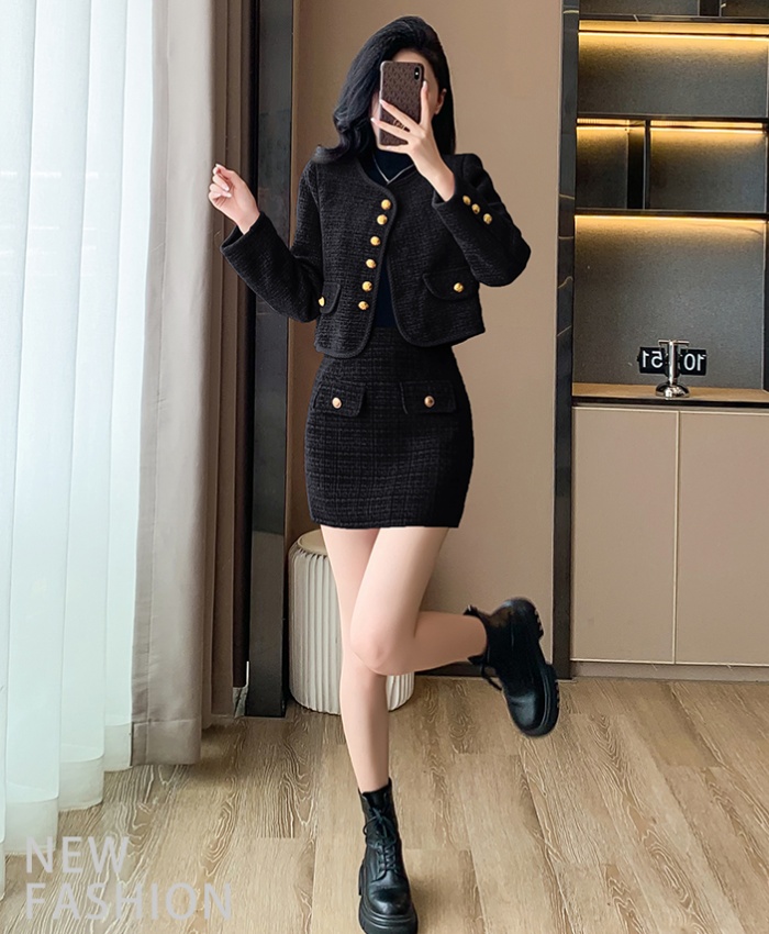 Coarse flower skirt woolen coat 2pcs set for women