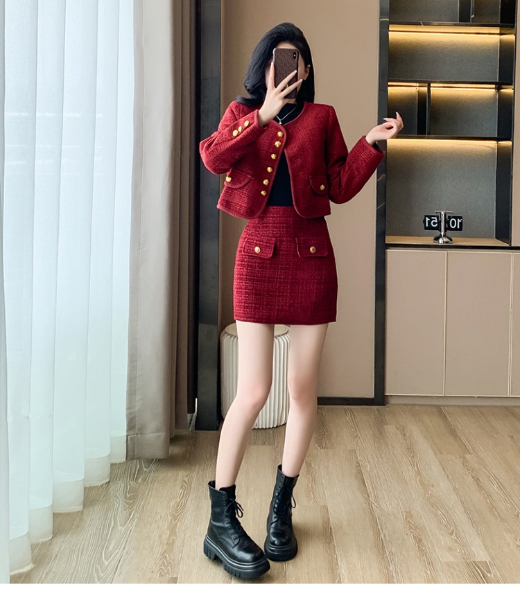 Coarse flower skirt woolen coat 2pcs set for women