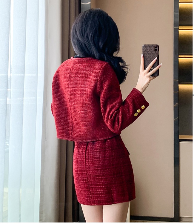 Coarse flower skirt woolen coat 2pcs set for women