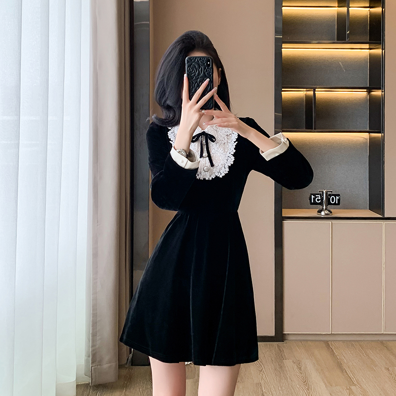 Hepburn style temperament refinement velvet France style dress