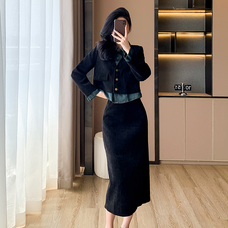 Pseudo-two lapel temperament long skirt a set