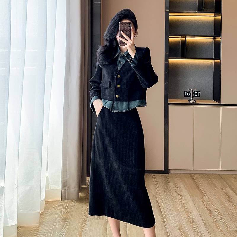 Pseudo-two lapel temperament long skirt a set