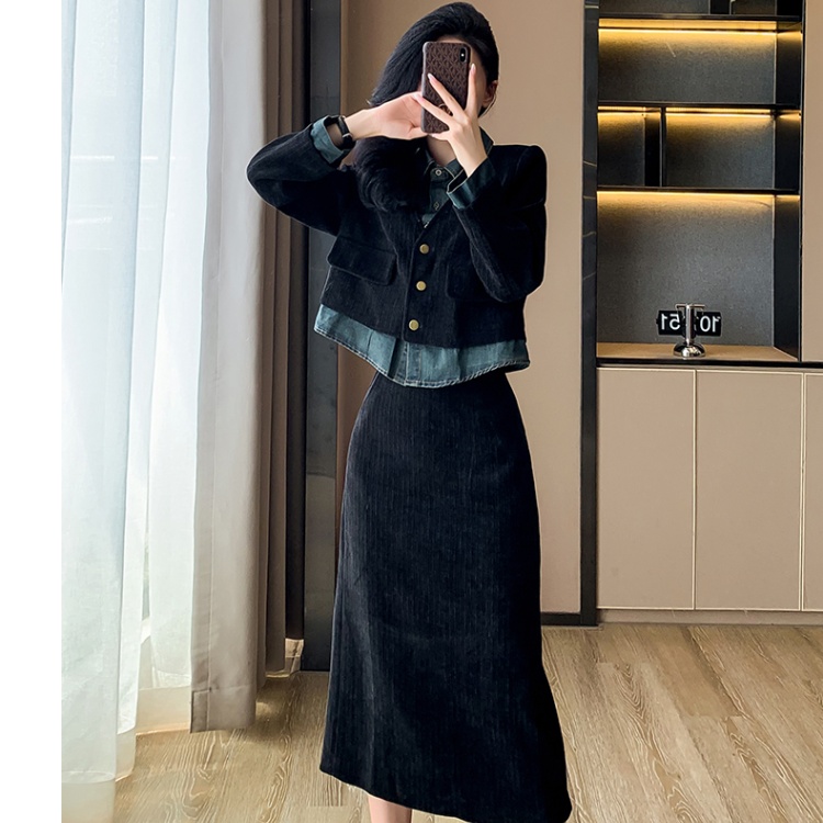 Pseudo-two lapel temperament long skirt a set