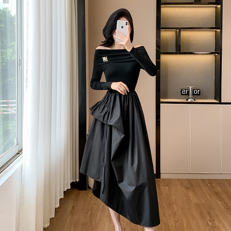 Hepburn style pinched waist dress black formal dress