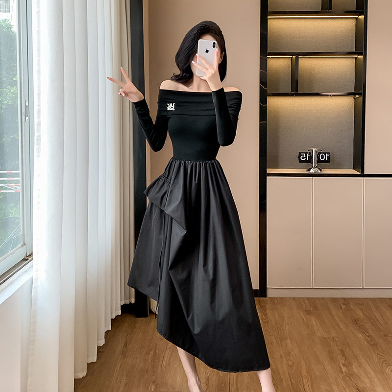 Hepburn style pinched waist dress black formal dress