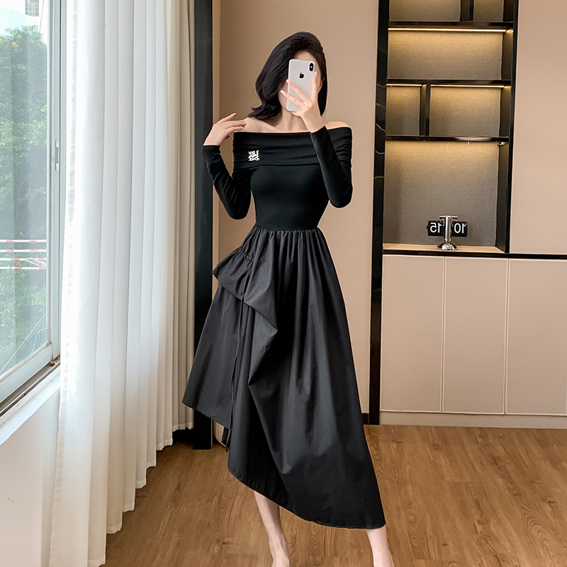 Hepburn style pinched waist dress black formal dress