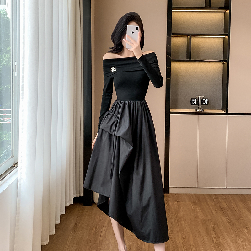 Hepburn style pinched waist dress black formal dress