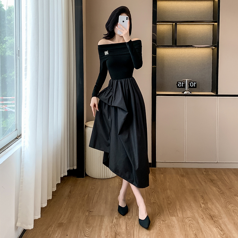 Hepburn style pinched waist dress black formal dress