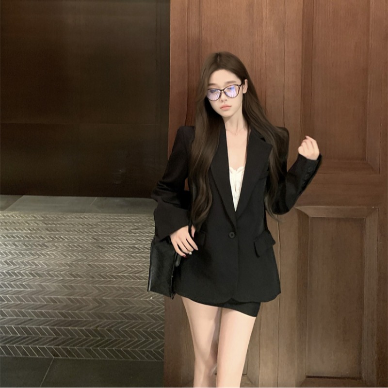 Slim V-neck skirt black lapel business suit 2pcs set