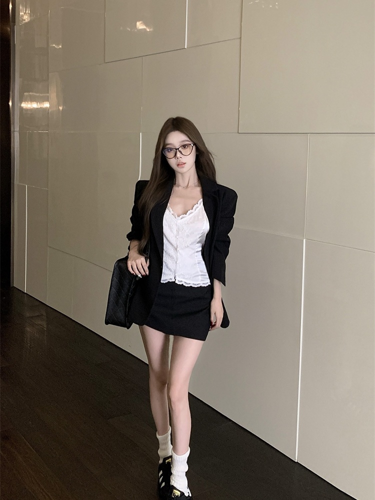 Slim V-neck skirt black lapel business suit 2pcs set