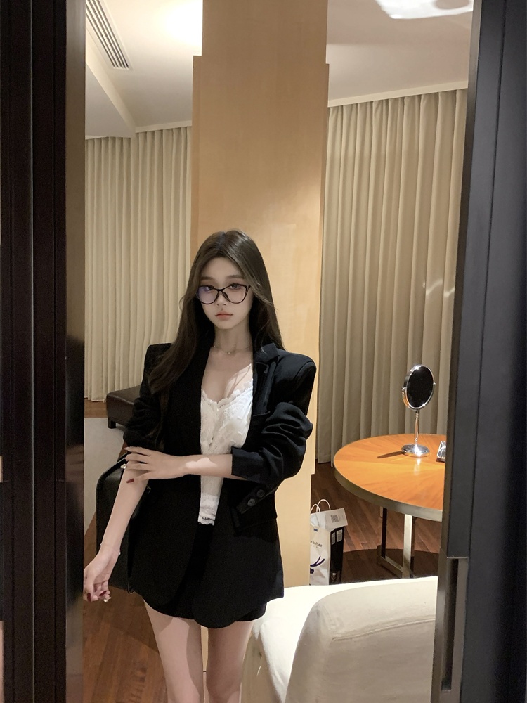 Slim V-neck skirt black lapel business suit 2pcs set