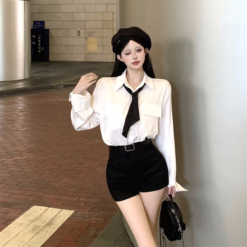 With tie fashion shirt black white shorts 2pcs set