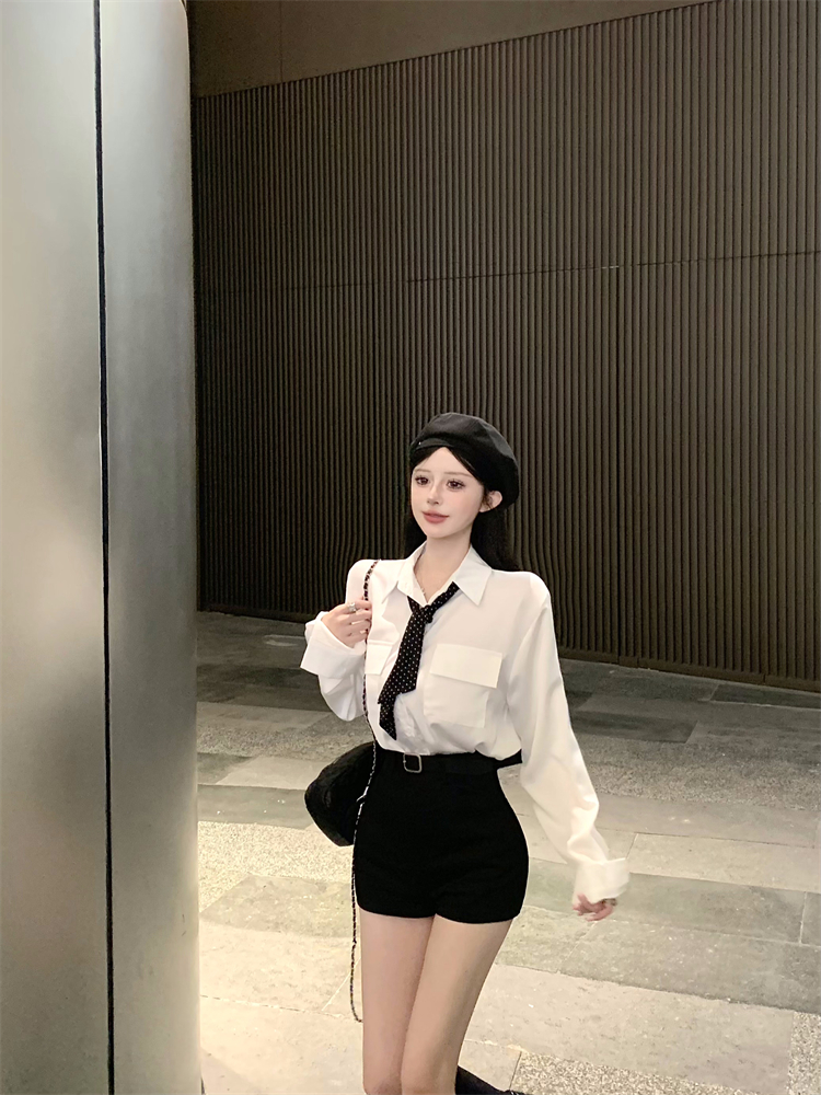 With tie fashion shirt black white shorts 2pcs set