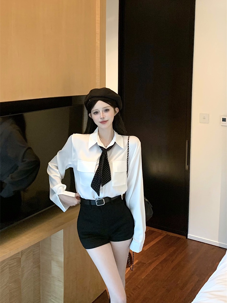 With tie fashion shirt black white shorts 2pcs set