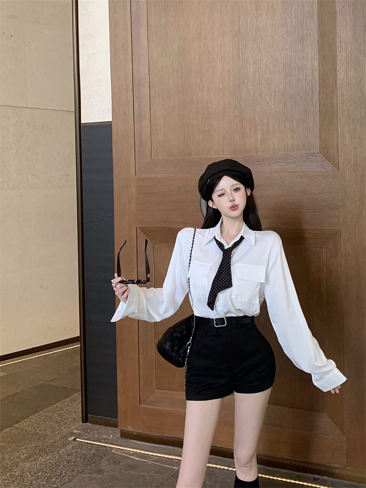 With tie fashion shirt black white shorts 2pcs set