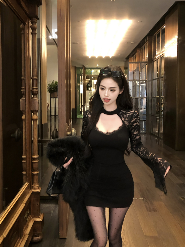 Splice knitted slim package hip trumpet sleeves black dress