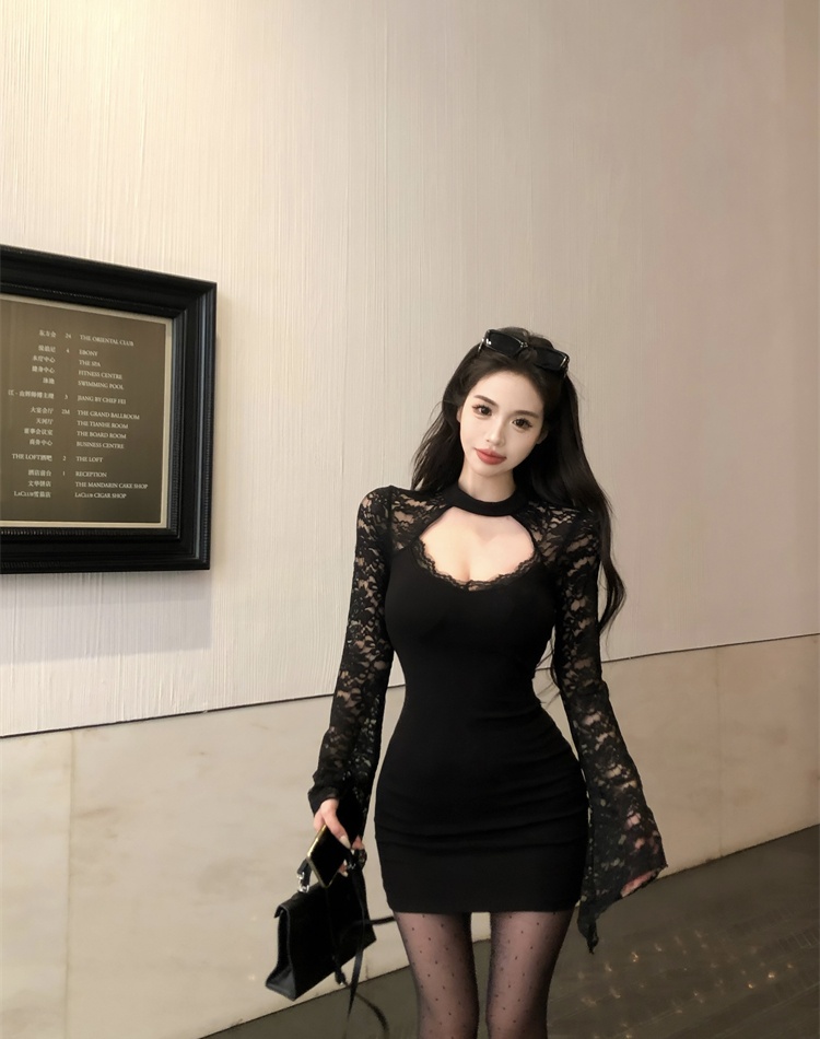 Splice knitted slim package hip trumpet sleeves black dress