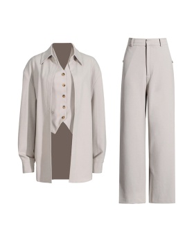 Fashion splice casual pants lapel tops a set for women