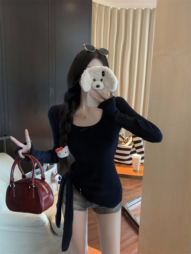 Enticement knitted Korean style tops bow sweet T-shirt