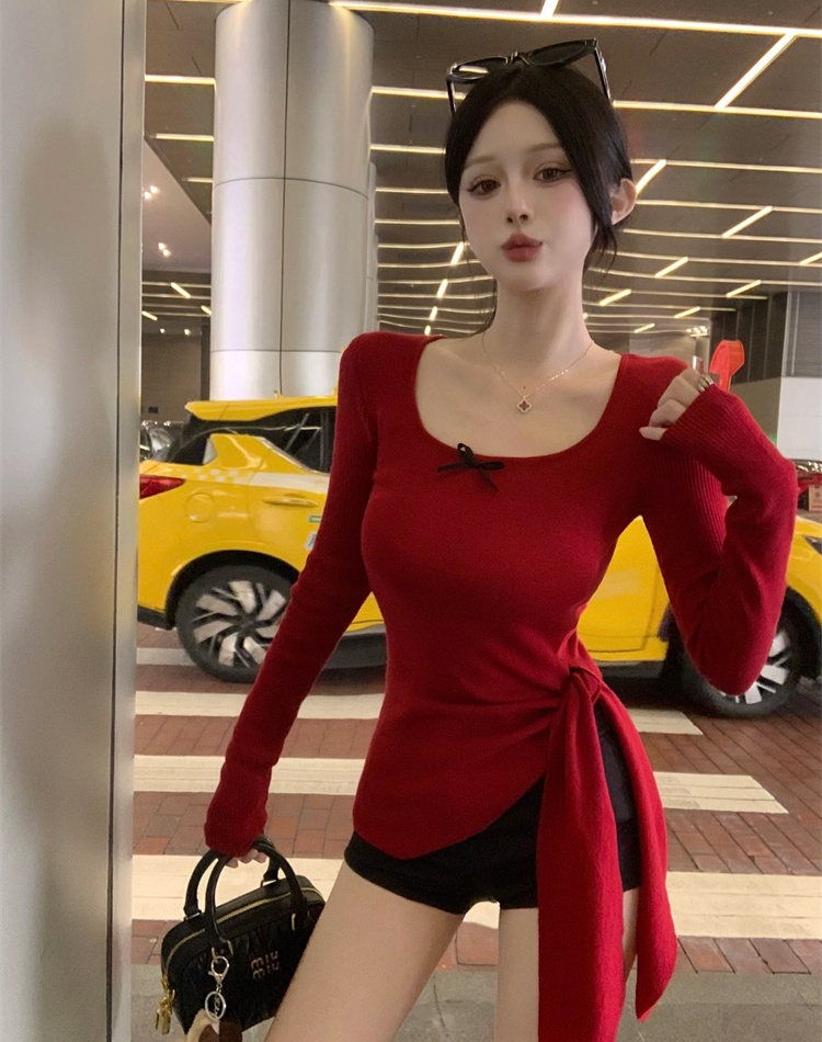 Enticement knitted Korean style tops bow sweet T-shirt