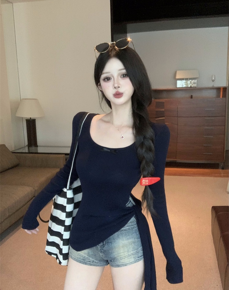 Enticement knitted Korean style tops bow sweet T-shirt