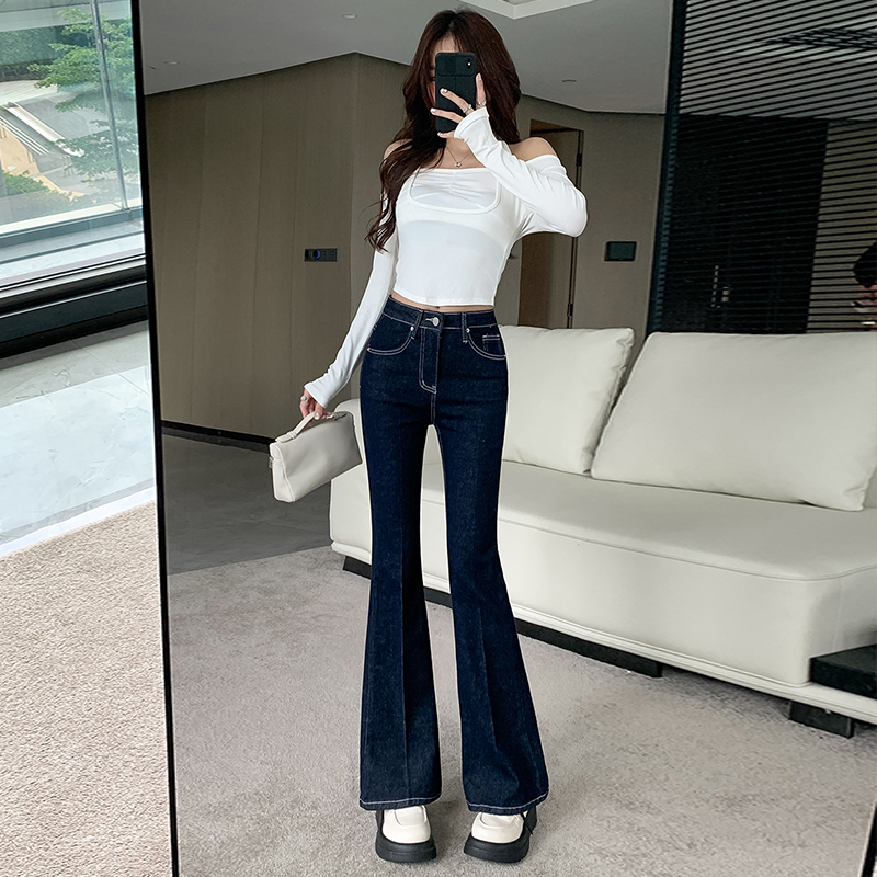 Retro navy blue slim long pants autumn speaker jeans