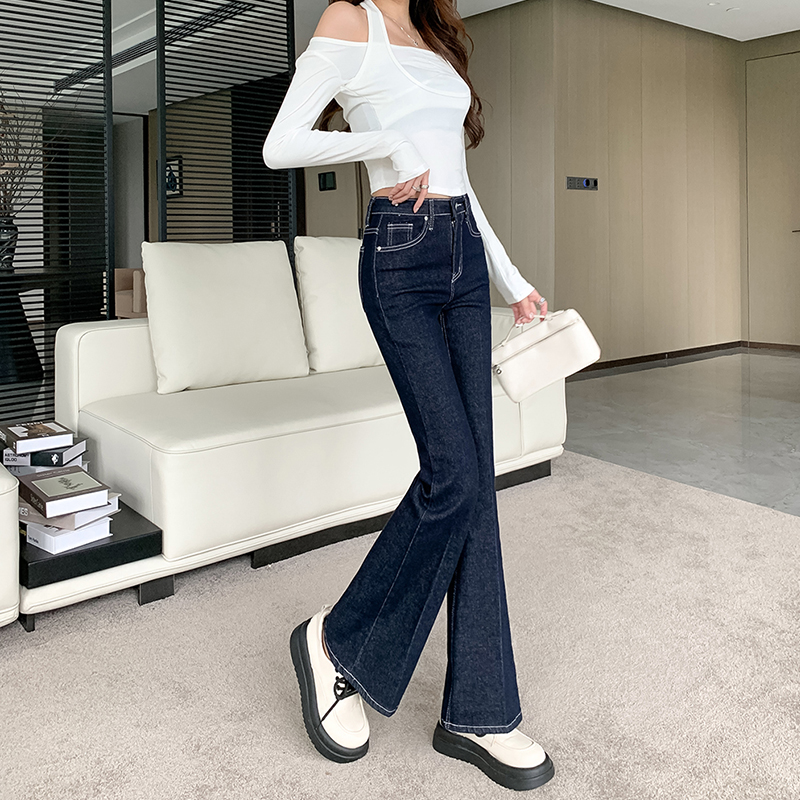 Retro navy blue slim long pants autumn speaker jeans