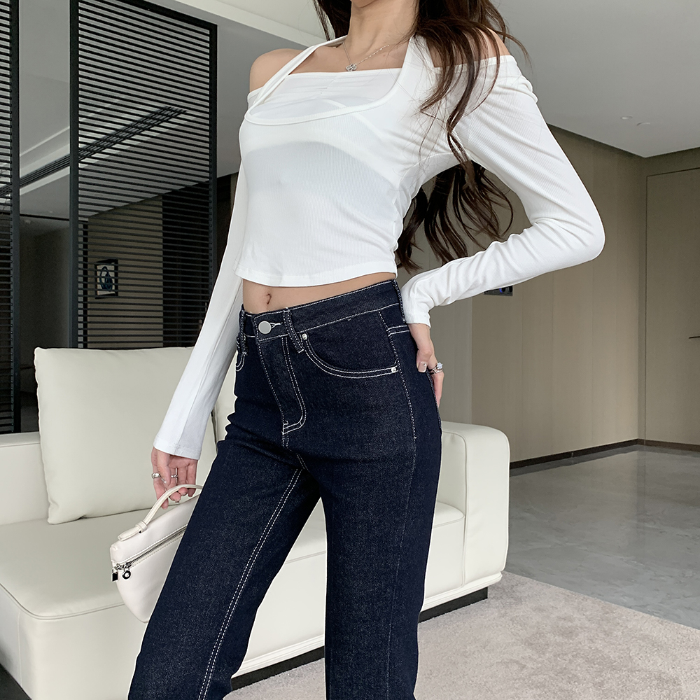 Retro navy blue slim long pants autumn speaker jeans