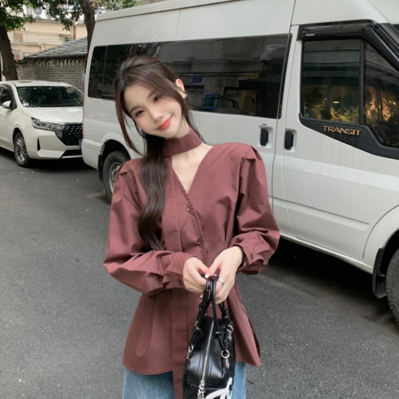 Long sleeve chouzhe Korean style tops irregular pure shirt