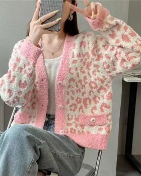 Leopard V-neck cardigan jacquard sweater for women