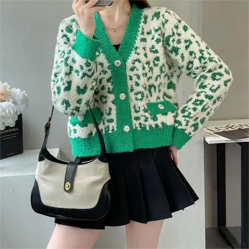 Leopard V-neck cardigan jacquard sweater for women