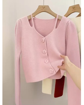 Glitter Korean style buckle liangsi V-neck sweater