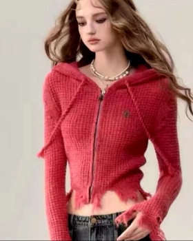 Short European style tops hooded cardigan for women