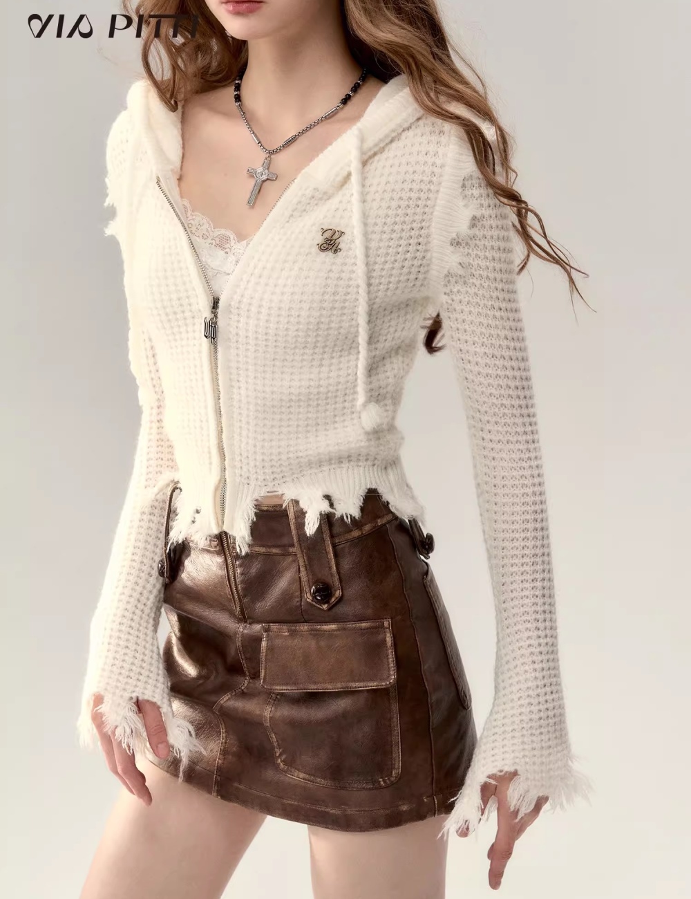 Short European style tops hooded cardigan for women