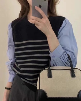 Stripe lantern sleeve Pseudo-two Korean style sweater