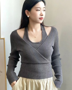 Short halter tops pit stripe gray sweater for women