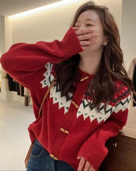 Red knitted cardigan autumn and winter sweater for women