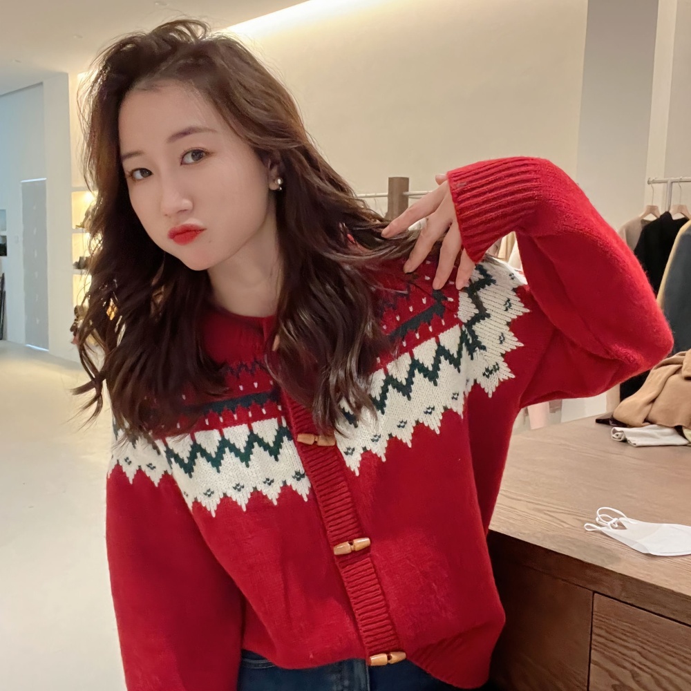 Red knitted cardigan autumn and winter sweater for women