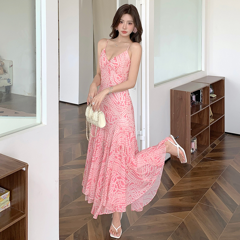 Printing pink long dress V-neck pinched waist strap dress