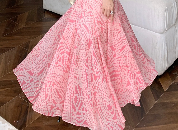 Printing pink long dress V-neck pinched waist strap dress