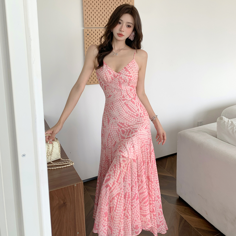 Printing pink long dress V-neck pinched waist strap dress