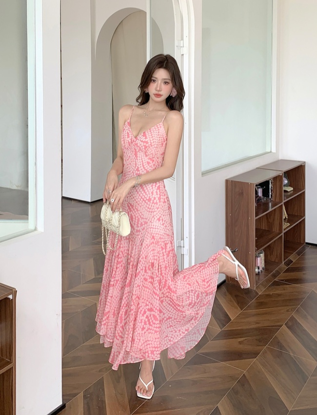 Printing pink long dress V-neck pinched waist strap dress