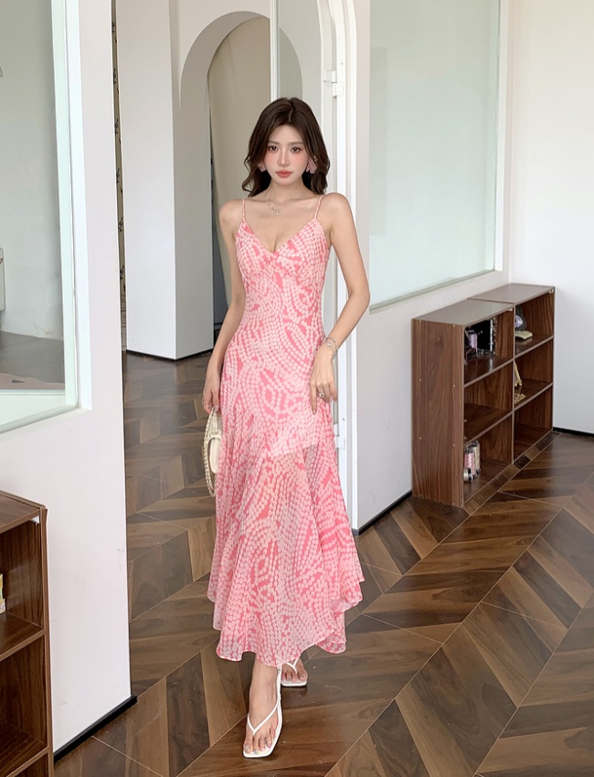 Printing pink long dress V-neck pinched waist strap dress