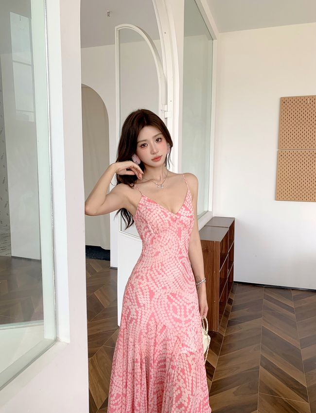 Printing pink long dress V-neck pinched waist strap dress