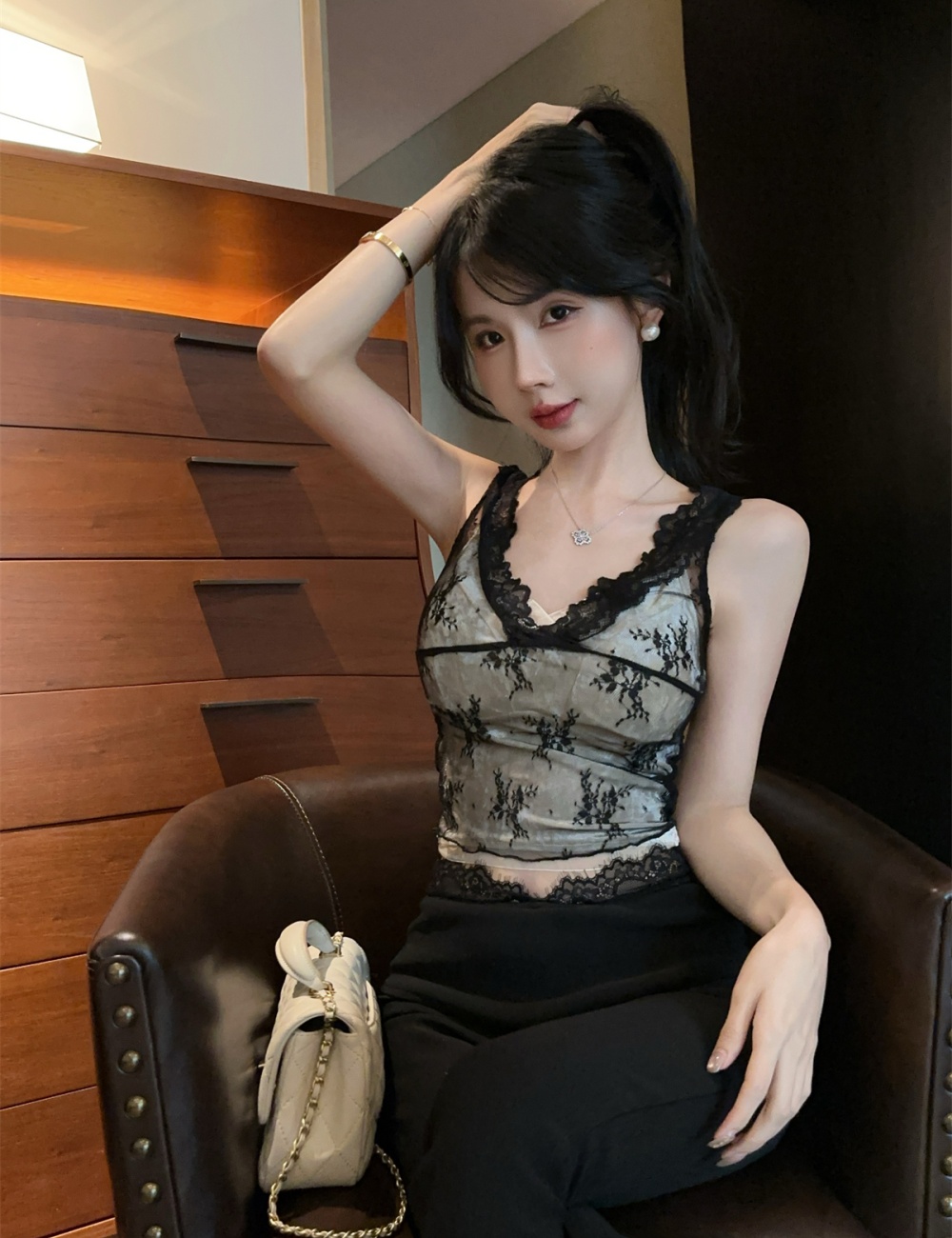 V-neck lace vest sling tops 2pcs set