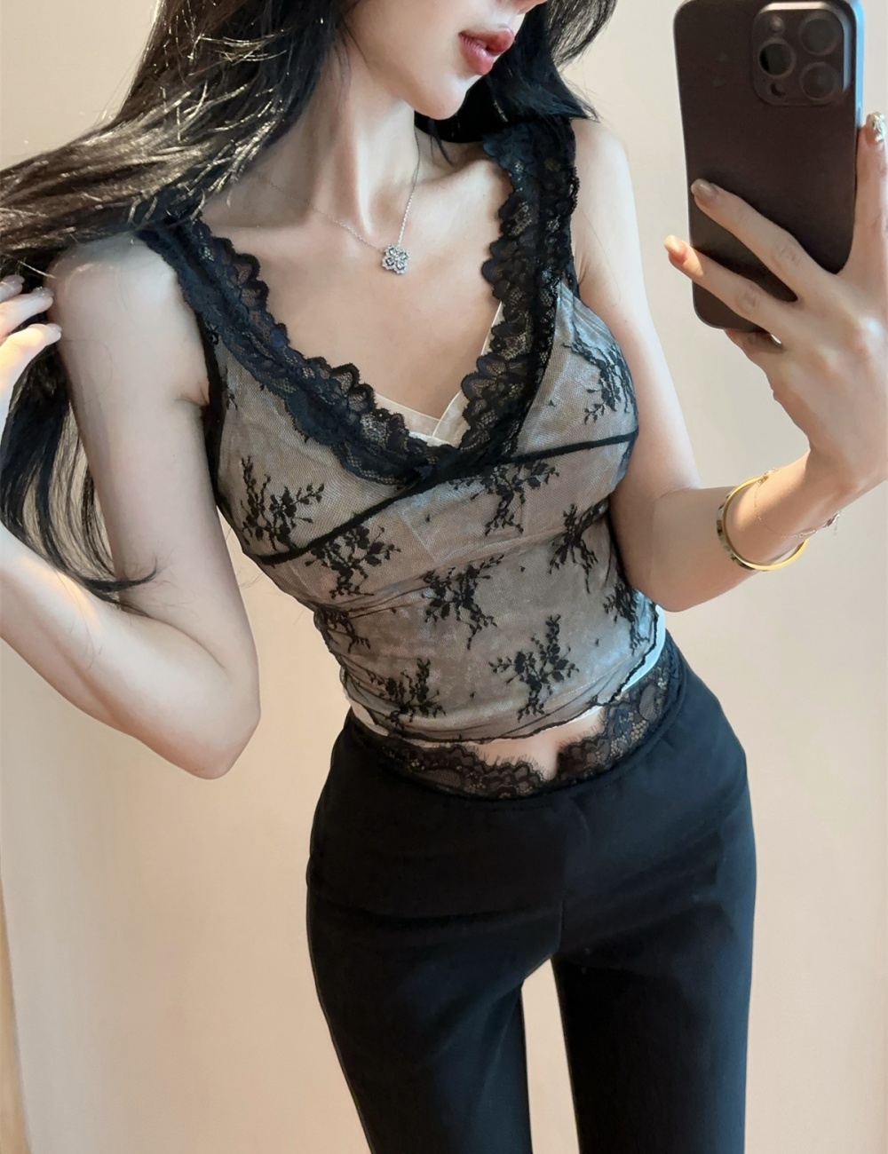 V-neck lace vest sling tops 2pcs set