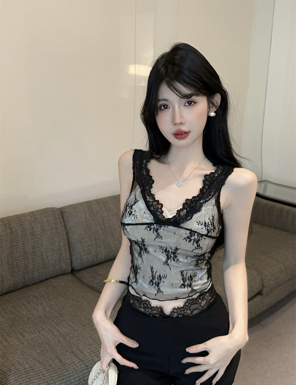 V-neck lace vest sling tops 2pcs set