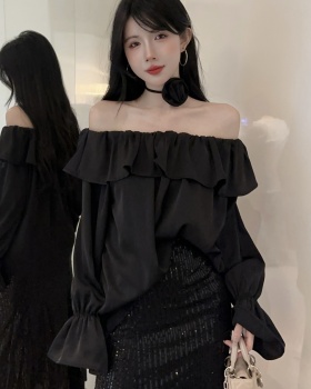 Flat shoulder puff sleeve flowers lotus leaf edges tops