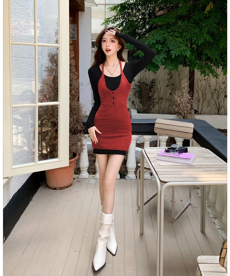 Bottoming Pseudo-two T-back package hip dress for women